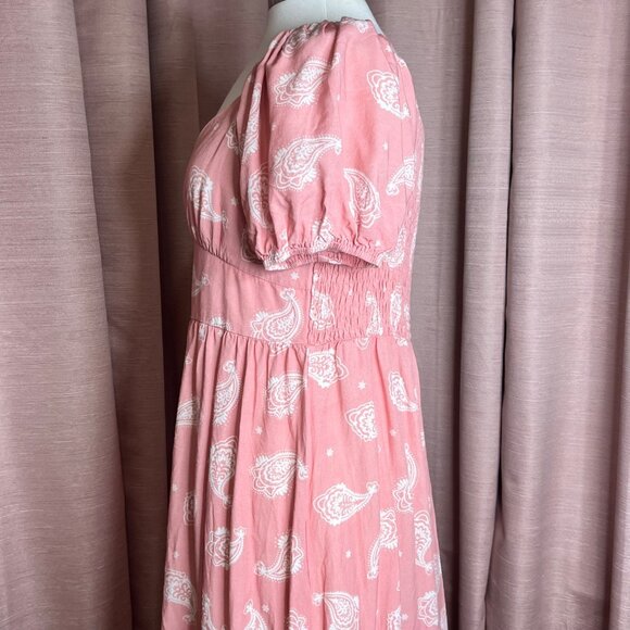 PatPat Pink Boho Paisley Midi Dress XL Short Puff Sleeves V-Neck 100% Viscose Ru - Picture 8 of 16